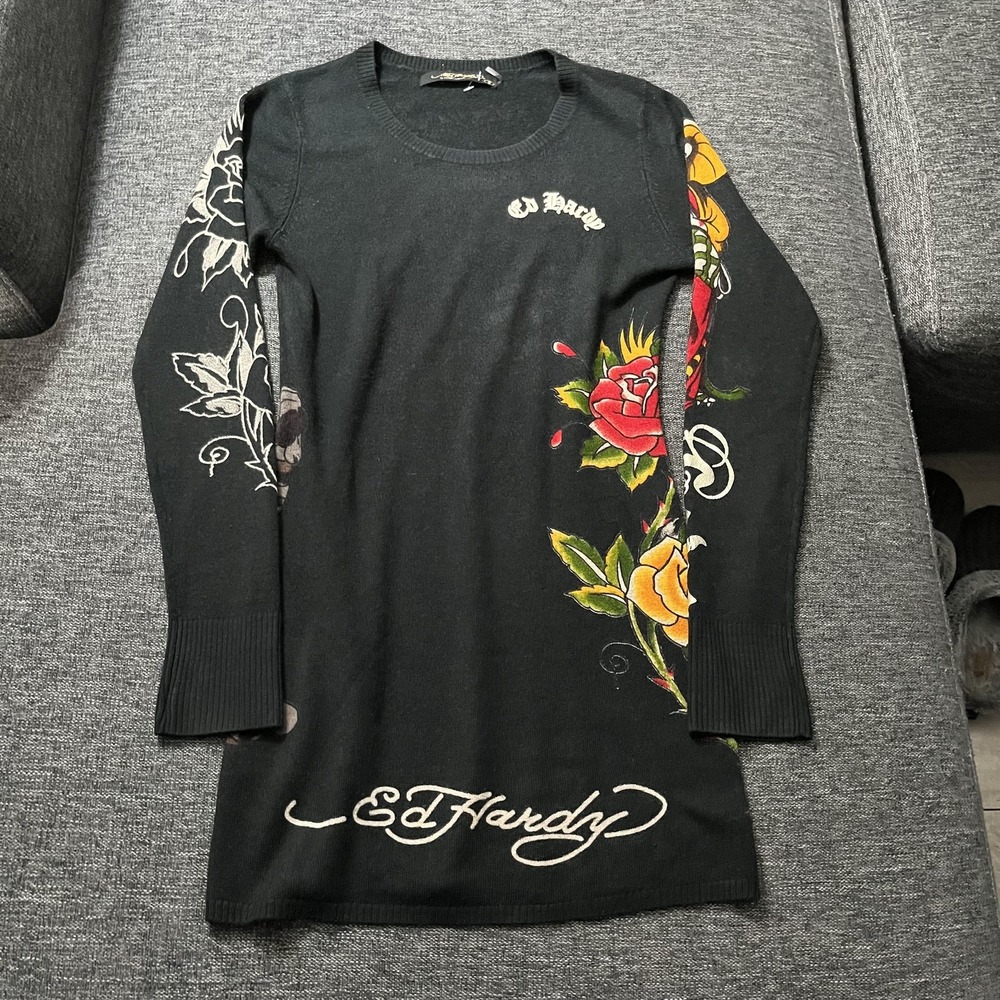 Ed Hardy Sweater Dress Womens Small Black Floral Tattoo Geisha Bodycon Knit